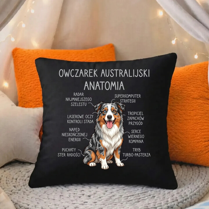 Owczarek Australijski - anatomia - czarna poduszka na prezent