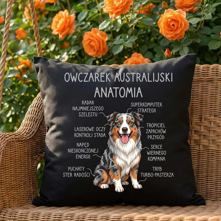 Owczarek Australijski - anatomia - czarna poduszka na prezent