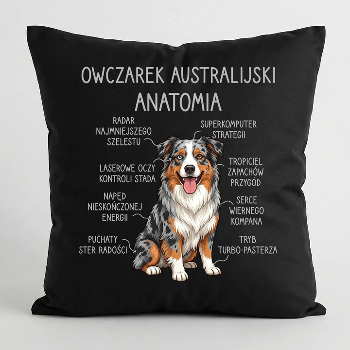 Owczarek Australijski - anatomia - czarna poduszka na prezent