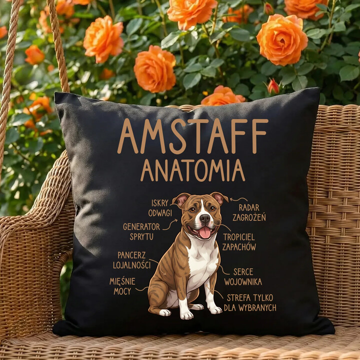 Amstaff anatomia - czarna poduszka na prezent