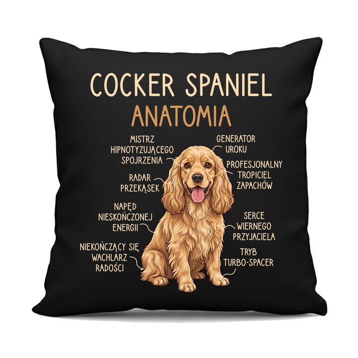 Cocker Spaniel anatomia - czarna poduszka na prezent