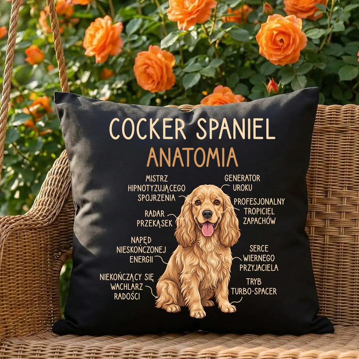 Cocker Spaniel anatomia - czarna poduszka na prezent