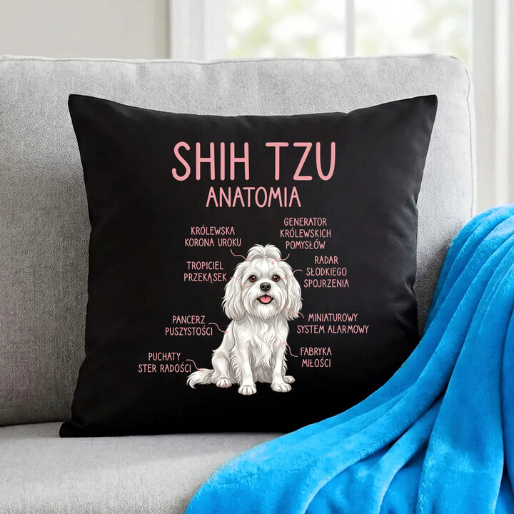 Shih Tzu  anatomia - czarna poduszka na prezent