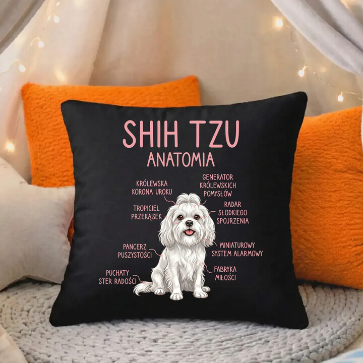 Shih Tzu  anatomia - czarna poduszka na prezent