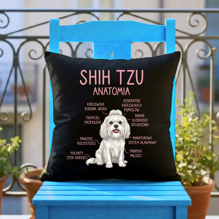 Shih Tzu  anatomia - czarna poduszka na prezent