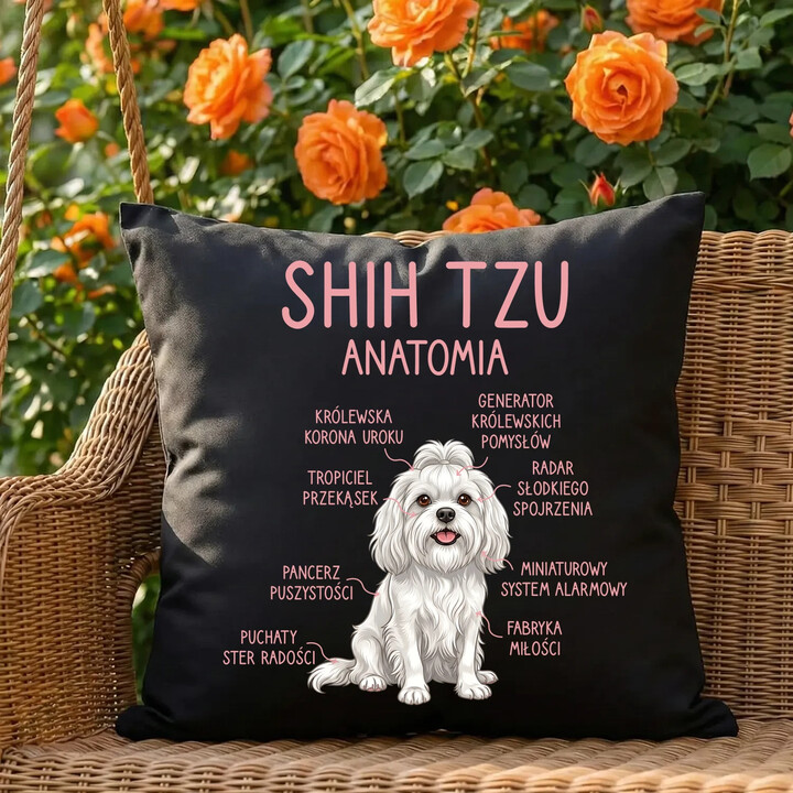 Shih Tzu  anatomia - czarna poduszka na prezent