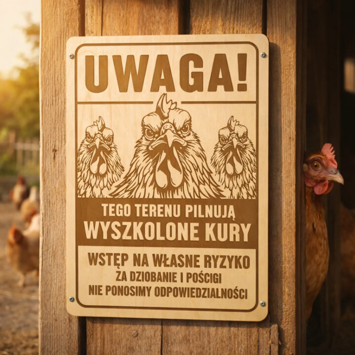 Uwaga! Tego terenu pilnują kury - drewniana tabliczka z grawerem