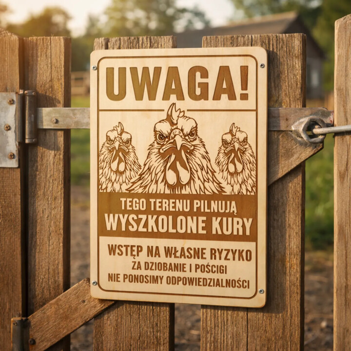 Uwaga! Tego terenu pilnują kury - drewniana tabliczka z grawerem