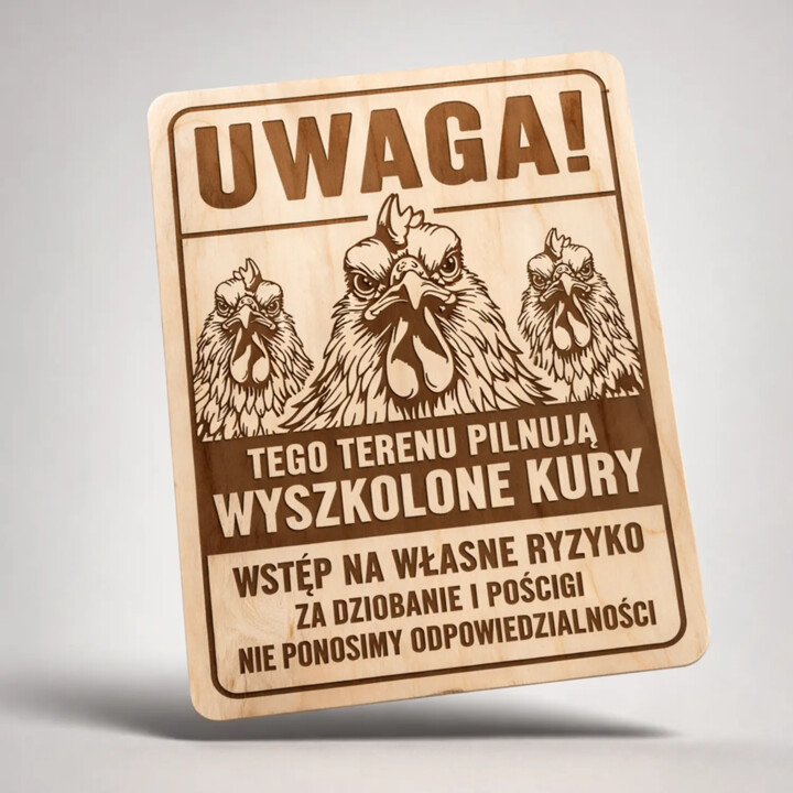 Uwaga! Tego terenu pilnują kury - drewniana tabliczka z grawerem