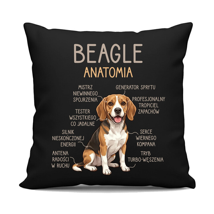 Beagle - anatomia - czarna poduszka na prezent