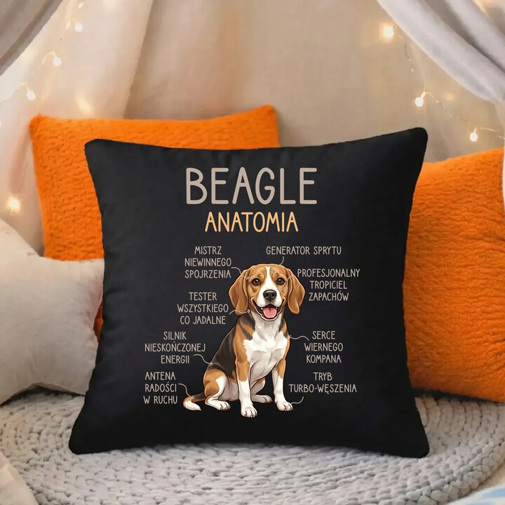 Beagle - anatomia - czarna poduszka na prezent
