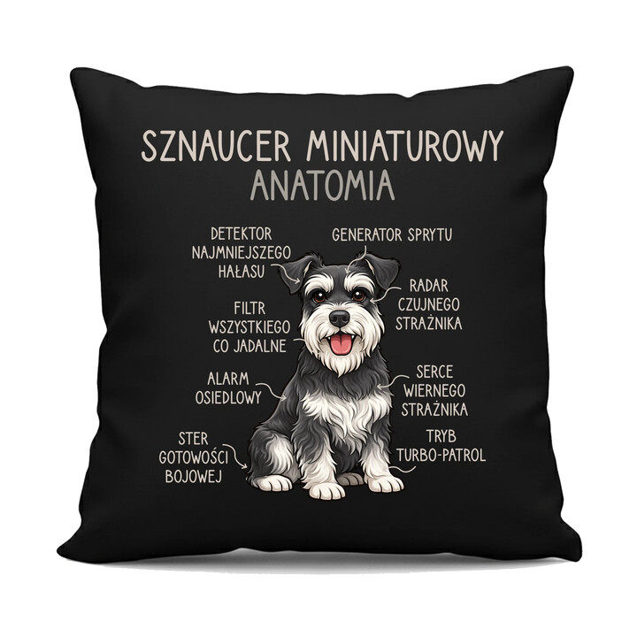 Sznaucer Miniaturowy - anatomia - czarna poduszka na prezent