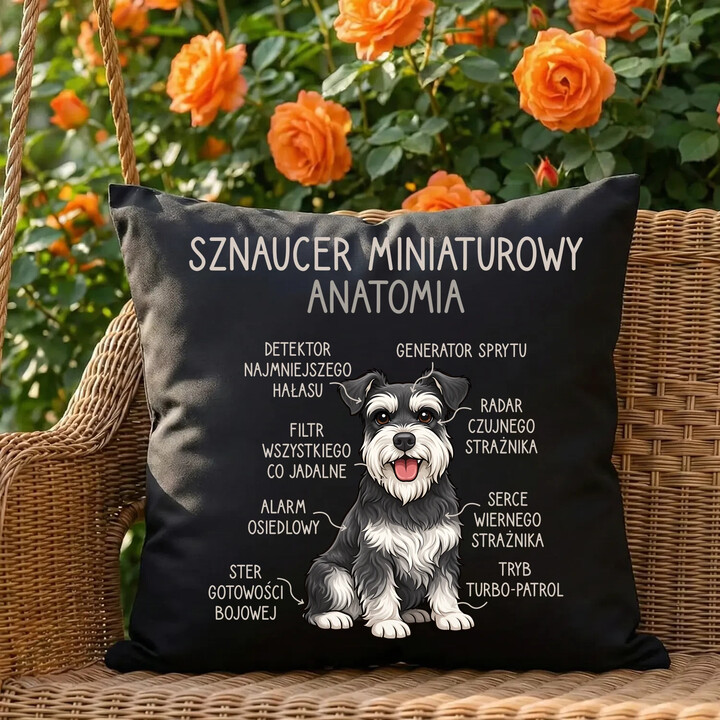 Sznaucer Miniaturowy - anatomia - czarna poduszka na prezent