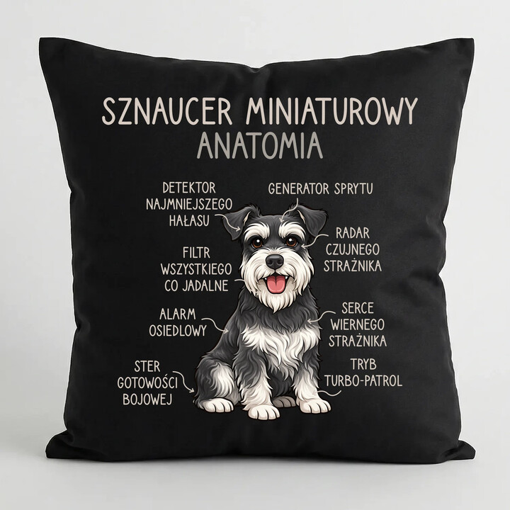 Sznaucer Miniaturowy - anatomia - czarna poduszka na prezent