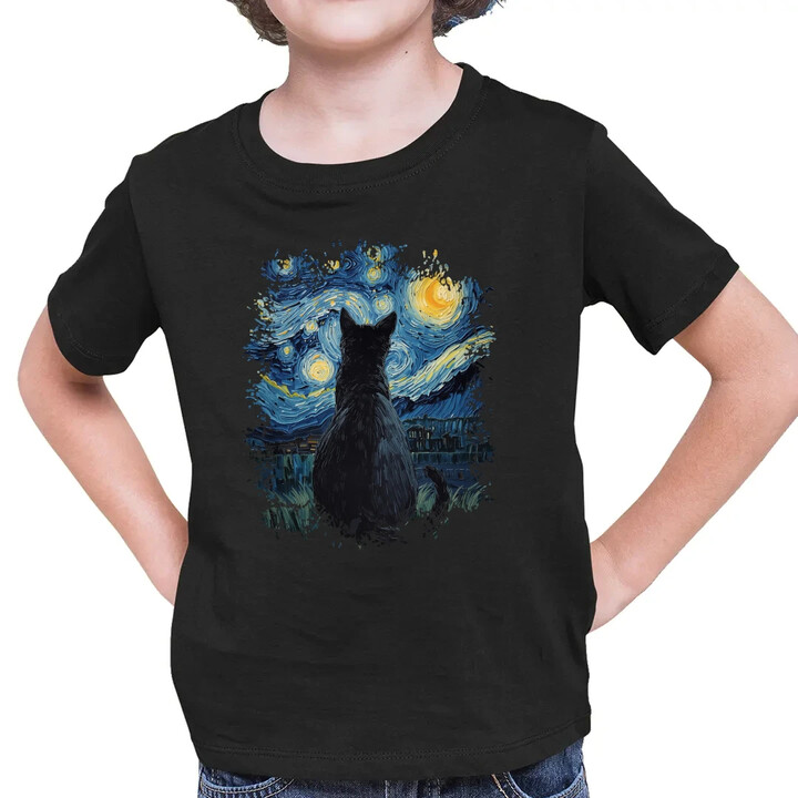 Kot inspirowany Van Goghiem - dziecięca koszulka na prezent