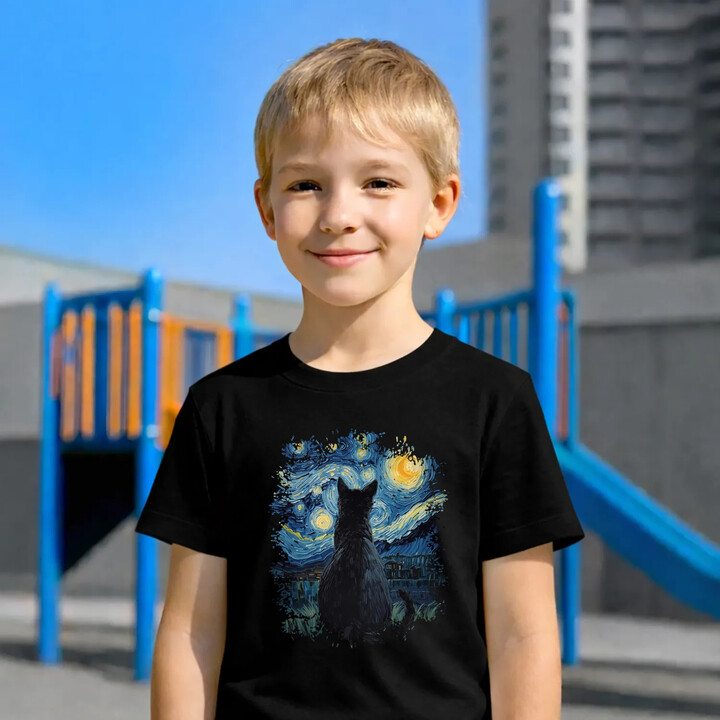 Kot inspirowany Van Goghiem - dziecięca koszulka na prezent
