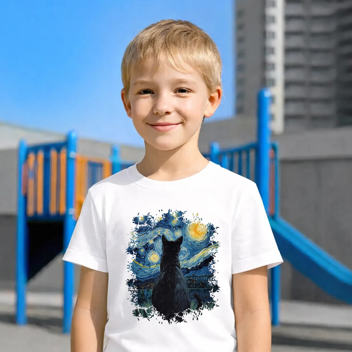 Kot inspirowany Van Goghiem - dziecięca koszulka na prezent