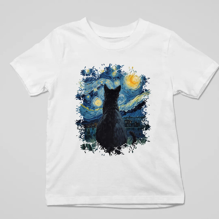 Kot inspirowany Van Goghiem - dziecięca koszulka na prezent