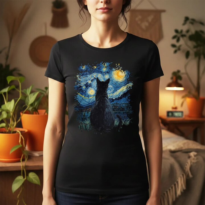Kot inspirowany Van Goghiem - damska koszulka na prezent