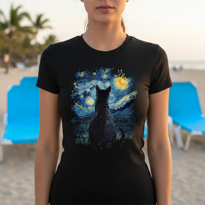 Kot inspirowany Van Goghiem - damska koszulka na prezent