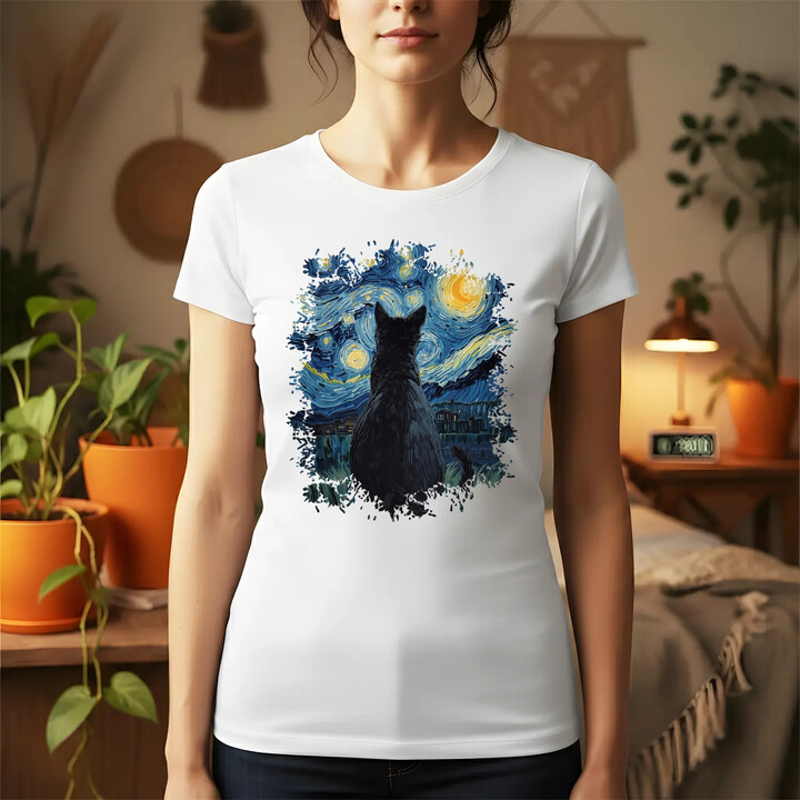 Kot inspirowany Van Goghiem - damska koszulka na prezent
