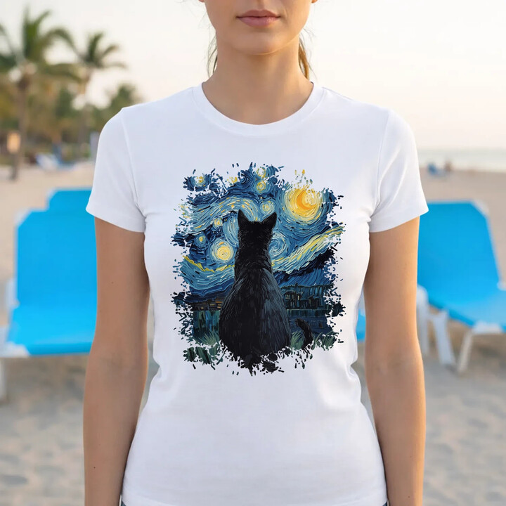 Kot inspirowany Van Goghiem - damska koszulka na prezent