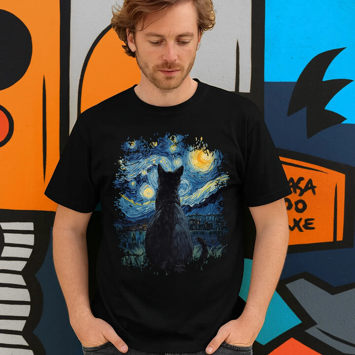Kot inspirowany Van Goghiem - męska koszulka na prezent