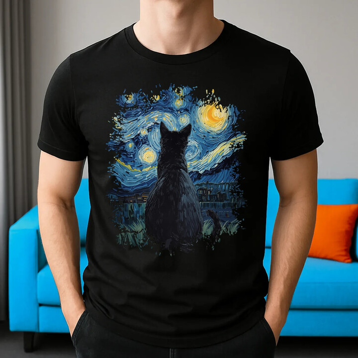 Kot inspirowany Van Goghiem - męska koszulka na prezent
