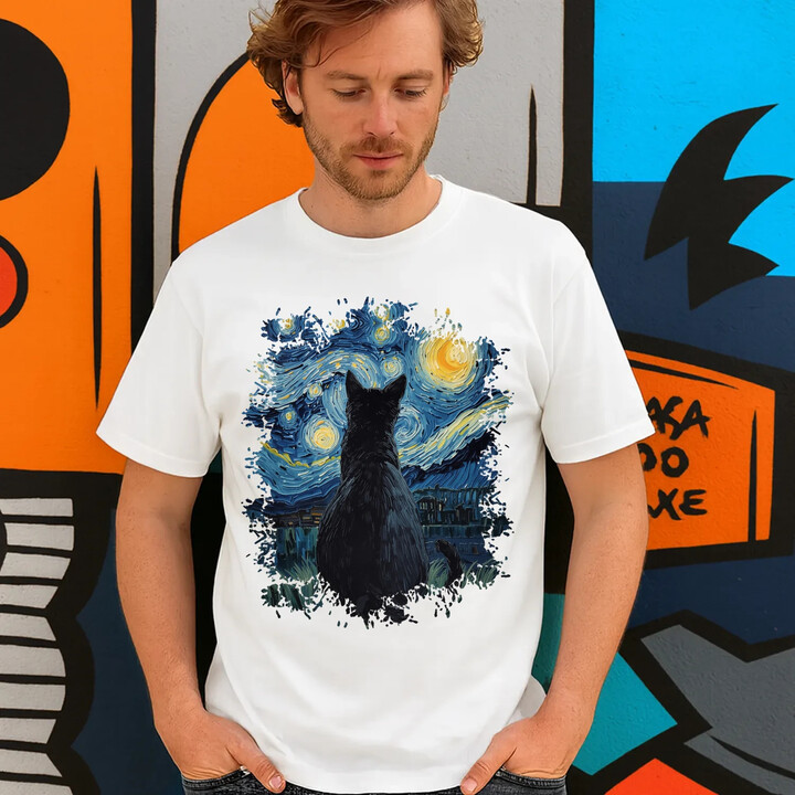 Kot inspirowany Van Goghiem - męska koszulka na prezent