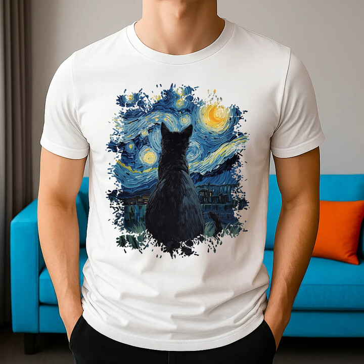Kot inspirowany Van Goghiem - męska koszulka na prezent