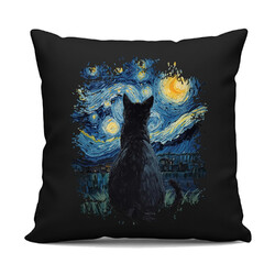 Kot inspirowany Van Goghiem - czarna poduszka na prezent