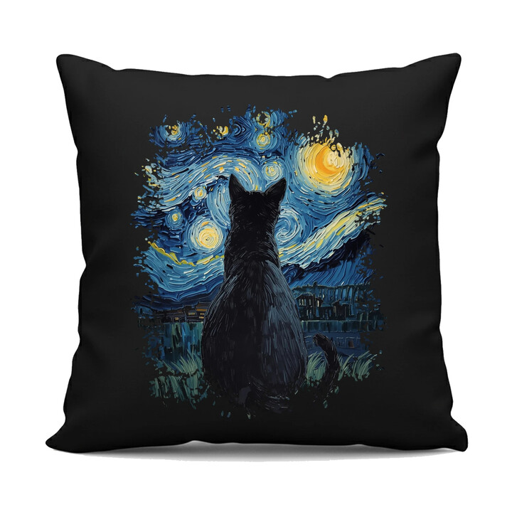 Kot inspirowany Van Goghiem - czarna poduszka na prezent