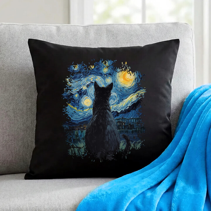 Kot inspirowany Van Goghiem - czarna poduszka na prezent