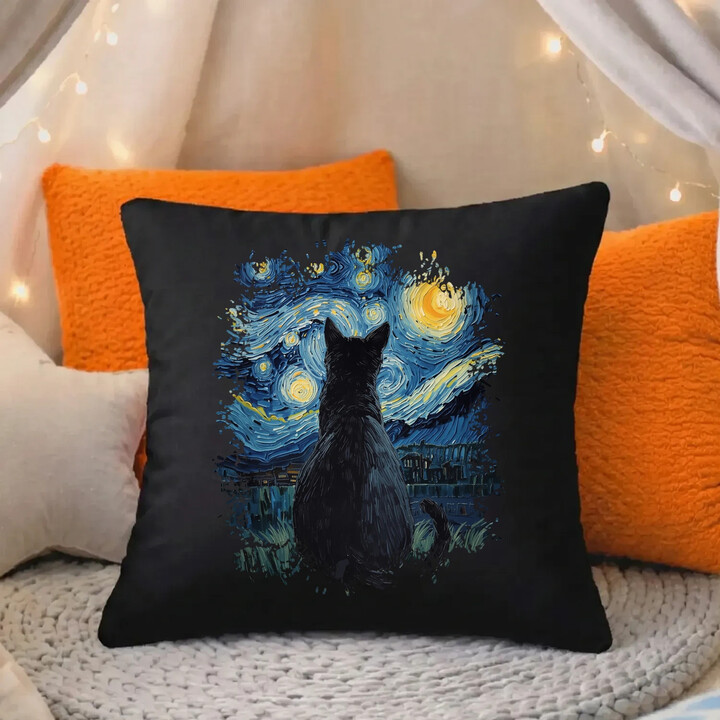 Kot inspirowany Van Goghiem - czarna poduszka na prezent