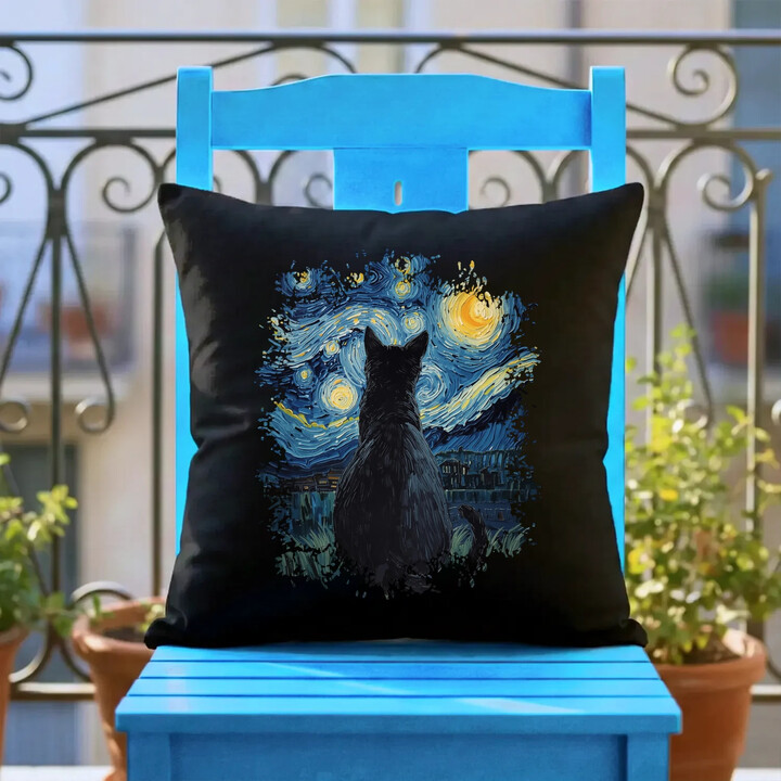Kot inspirowany Van Goghiem - czarna poduszka na prezent