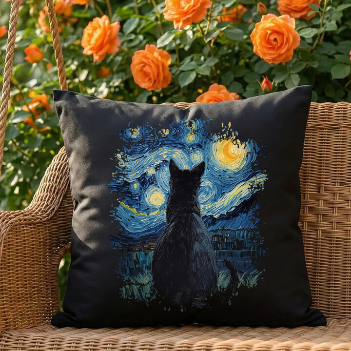 Kot inspirowany Van Goghiem - czarna poduszka na prezent