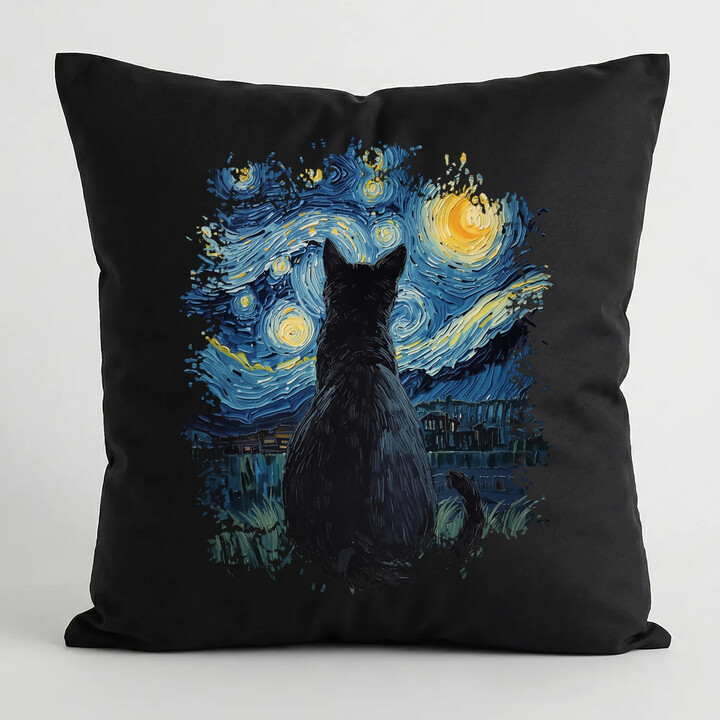 Kot inspirowany Van Goghiem - czarna poduszka na prezent
