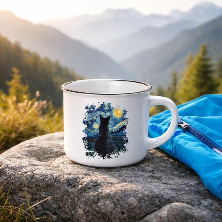 Kot inspirowany Van Goghiem - kubek emaliowany na prezent