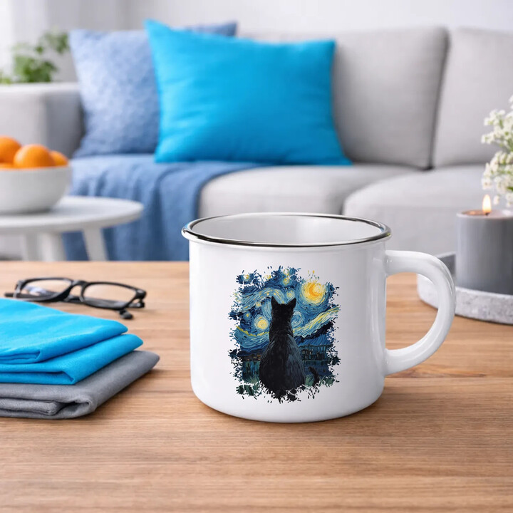 Kot inspirowany Van Goghiem - kubek emaliowany na prezent