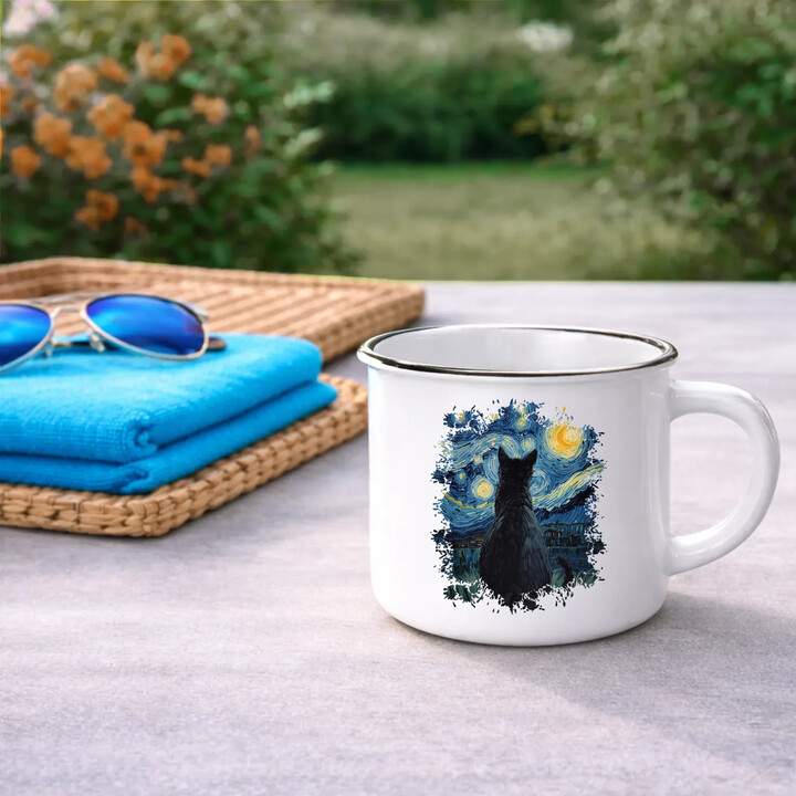 Kot inspirowany Van Goghiem - kubek emaliowany na prezent