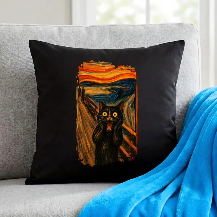 Kot krzyk - inspirowany Van Goghiem - czarna poduszka na prezent