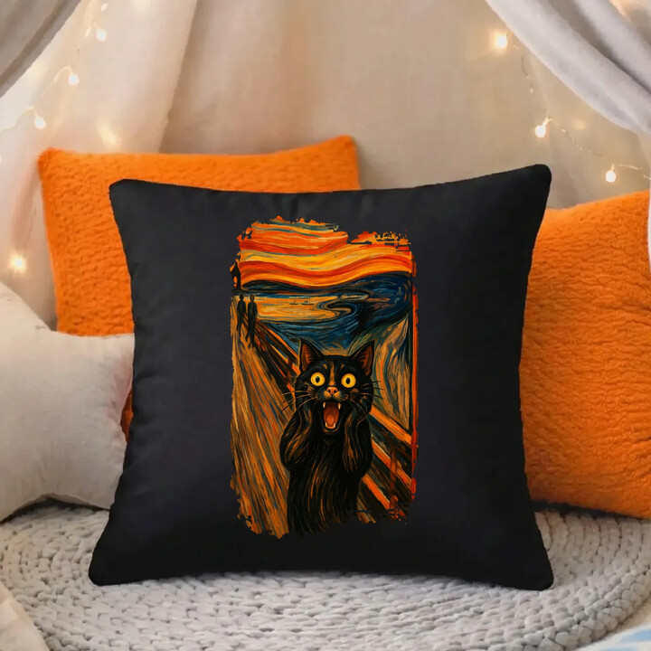 Kot krzyk - inspirowany Van Goghiem - czarna poduszka na prezent