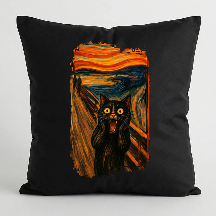 Kot krzyk - inspirowany Van Goghiem - czarna poduszka na prezent