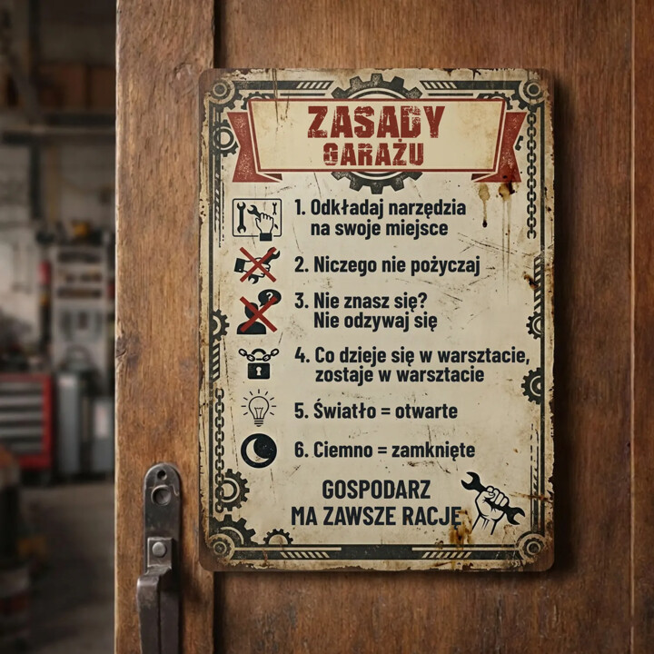Zasady garażu - drewniana tabliczka z nadrukiem
