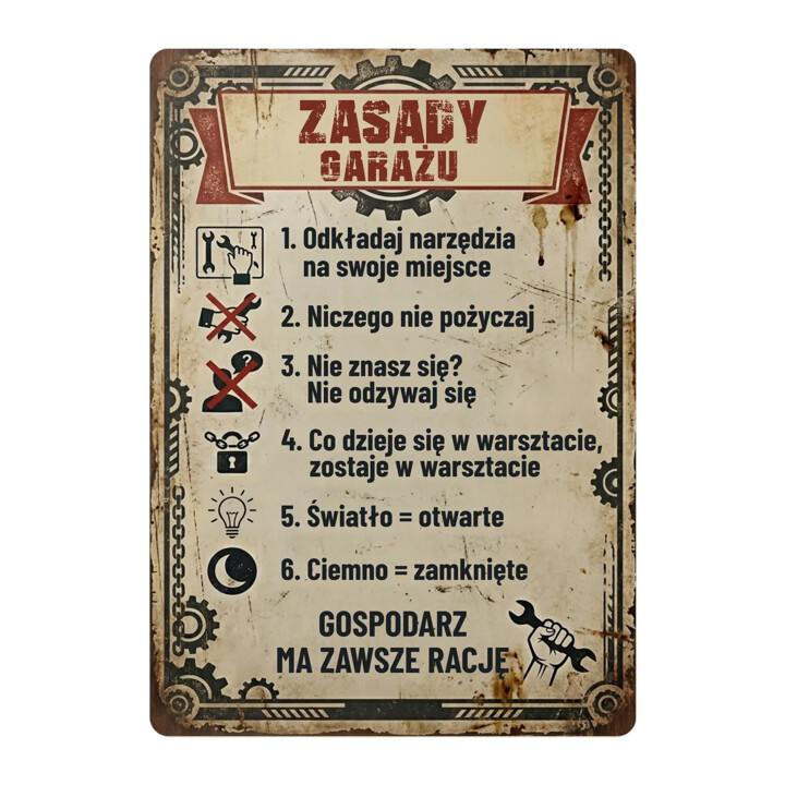 Zasady garażu - drewniana tabliczka z nadrukiem
