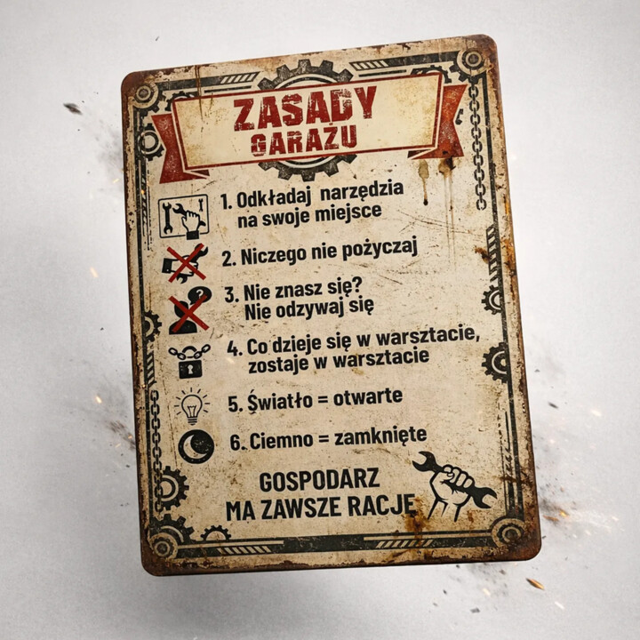 Zasady garażu - drewniana tabliczka z nadrukiem