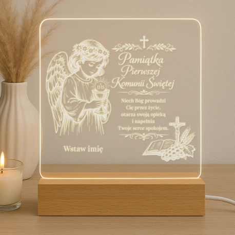 Pamiątka Pierwszej Komunii Świętej - wstaw imię - Lampka led z grawerem - produkt personalizowany