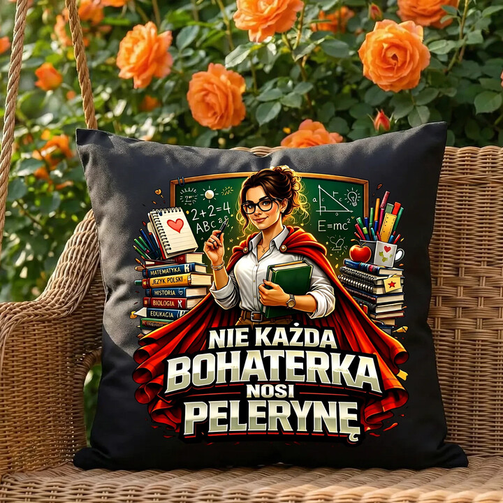 Nie każda bohaterka nosi pelerynę - nauczycielka  - czarna poduszka na prezent