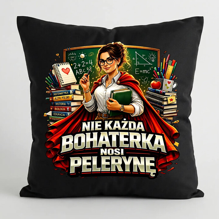 Nie każda bohaterka nosi pelerynę - nauczycielka  - czarna poduszka na prezent