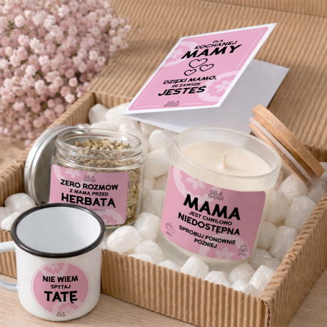 Zestaw prezentowy dla mamy - mama niedostępna - kubek emaliowany, herbata, świeczka i kartka - Lulagogi